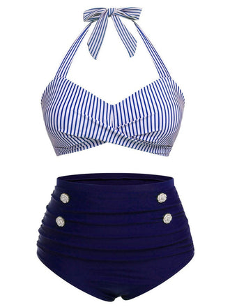 [Taglia Forti] Costumi a righe scollo all'americana blu anni '40