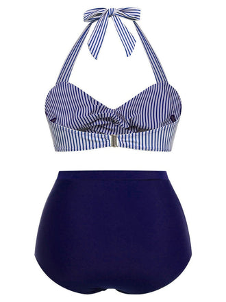 [Taglia Forti] Costumi a righe scollo all'americana blu anni '40