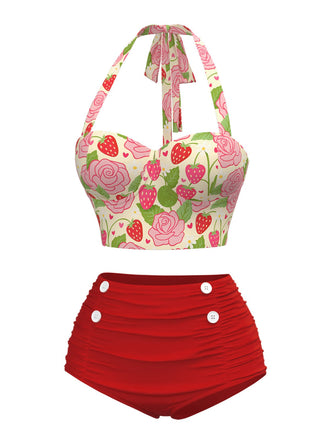 Costumi stampa di rose e fragole rosso anni '50