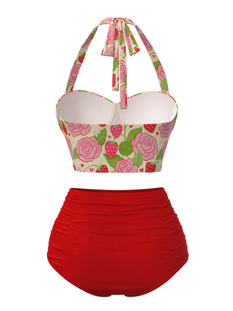 Costumi stampa di rose e fragole rosso anni '50