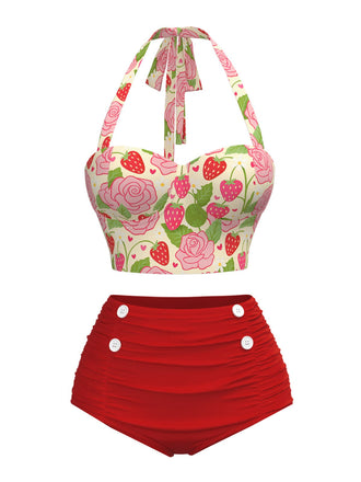 Costumi stampa di rose e fragole rosso anni '50