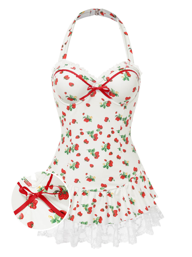 [Prevendita] Costumi intero in pizzo e fragola con fiocco anni '50