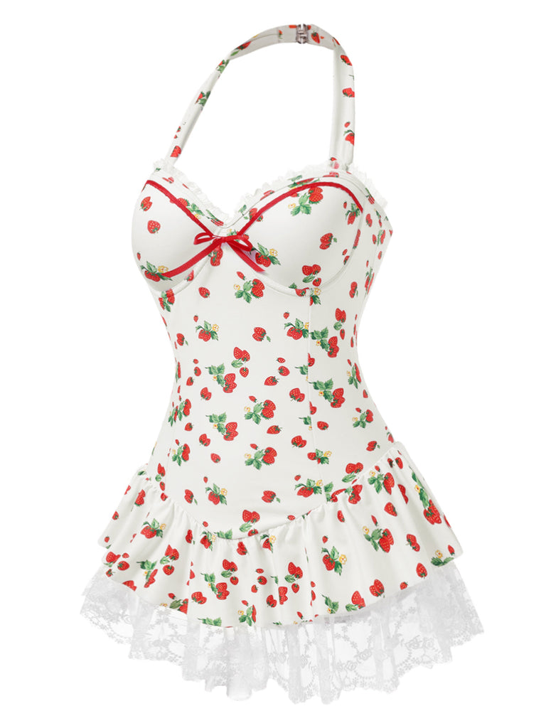 [Prevendita] Costumi intero in pizzo e fragola con fiocco anni '50