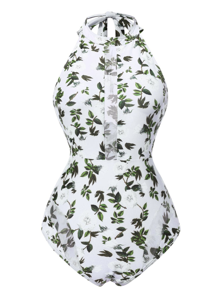 2PCS Costumi intero e copricostume con foglie verde anni '30