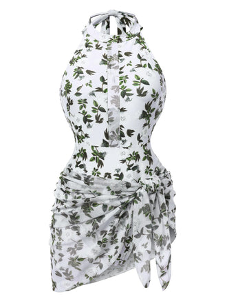 2PCS Costumi intero e copricostume con foglie verde anni '30