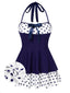 Costumi intero a pois con scollo all'americana blu anni '40