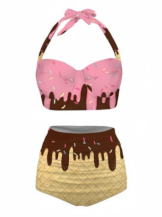 Set bikini cono gelato scollo all'americana rosa anni '70