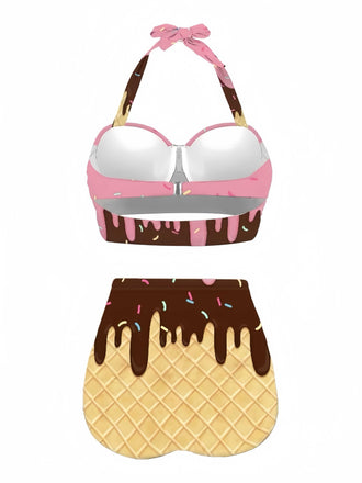 Set bikini cono gelato scollo all'americana rosa anni '70