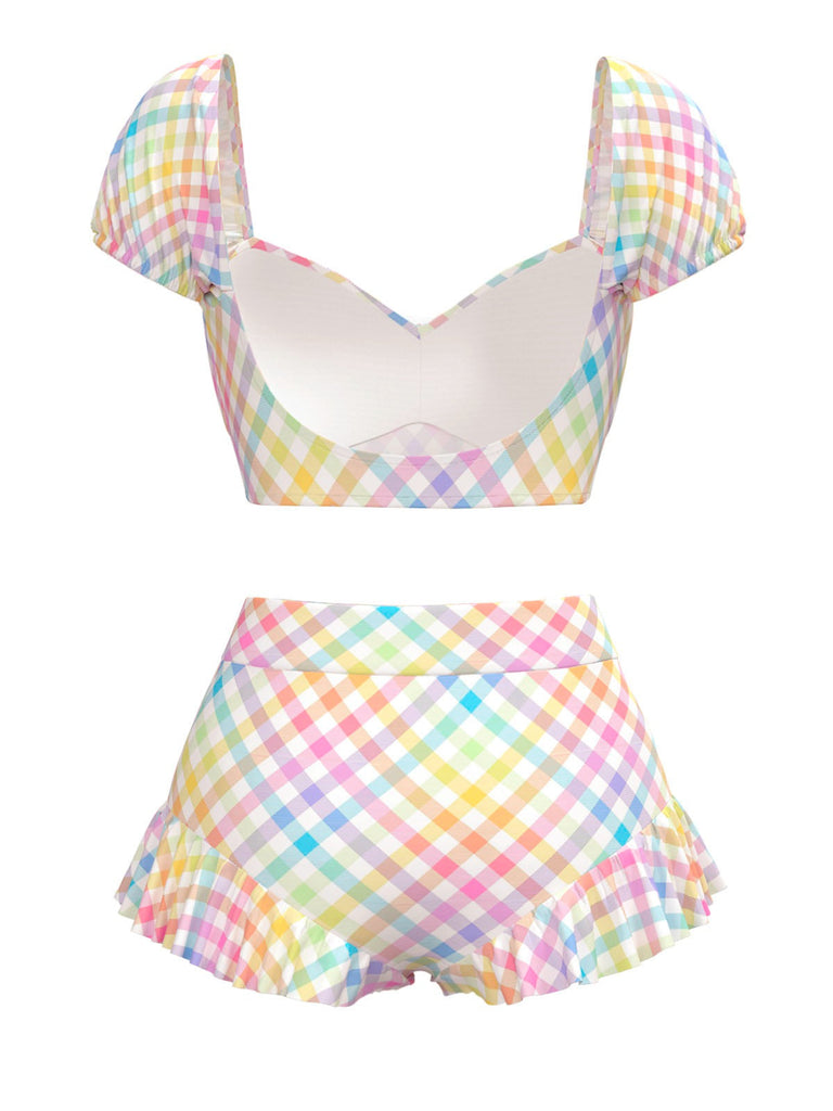 Set bikini plaid con maniche a sbuffo multicolore anni '70