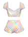 Set bikini plaid con maniche a sbuffo multicolore anni '70