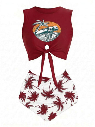 Set tankini con spiaggia e scheletro rosso anni '80