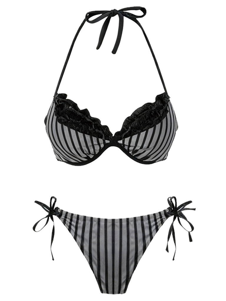 2PCS Bikini a righe e copricostume a balze grigio anni '60