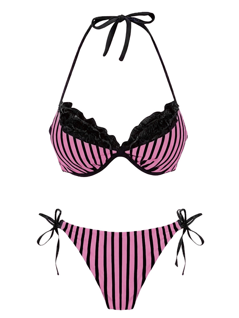 Set bikini a righe in rete con fiocco rosa anni '60