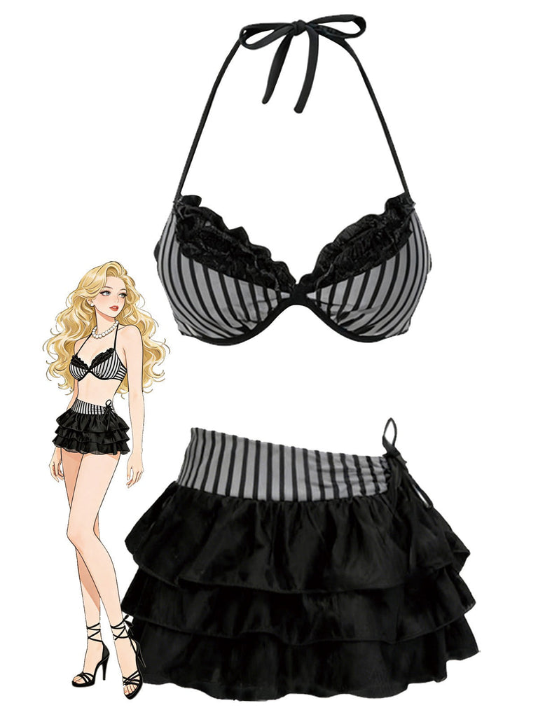 2PCS Bikini a righe e copricostume a balze grigio anni '60