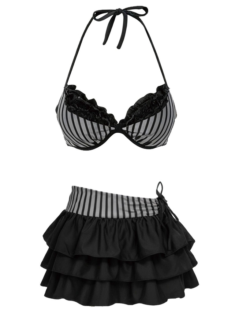 2PCS Bikini a righe e copricostume a balze rosa anni '60