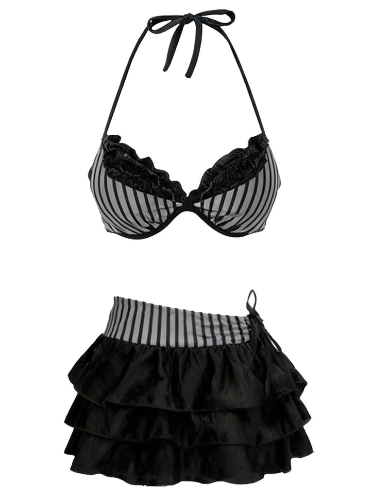 2PCS Bikini a righe e copricostume a balze grigio anni '60