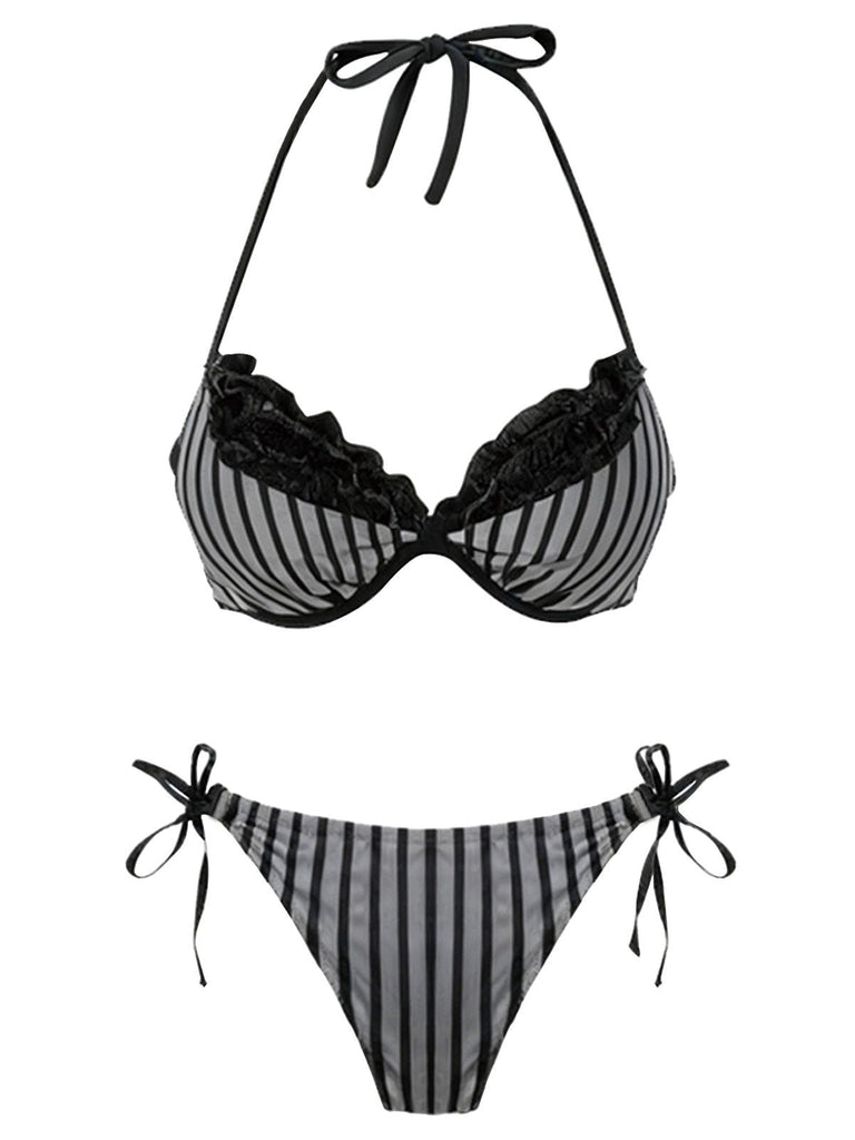 2PCS Bikini a righe e copricostume a balze rosa anni '60