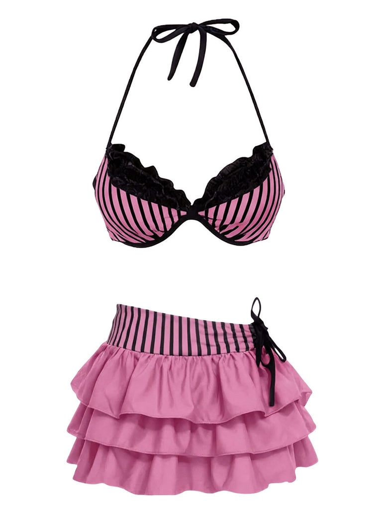 2PCS Bikini a righe e copricostume a balze rosa anni '60