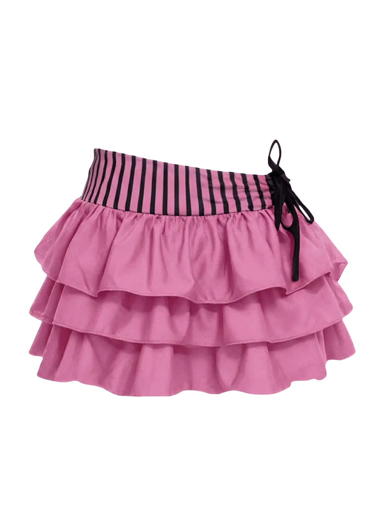 Gonna a volant in rete a righe con fiocco rosa anni '60