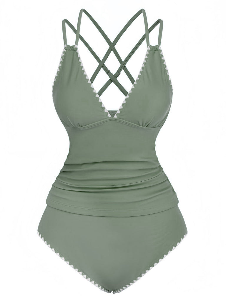 Set tankini con scollo a V profondo e schiena incrociata anni '40