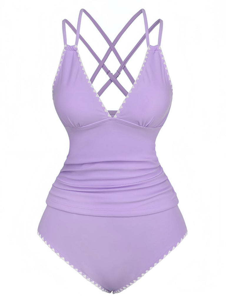 Set tankini con scollo a V profondo e schiena incrociata anni '40