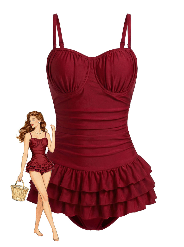 Costumi intero con volant rosso anni '50