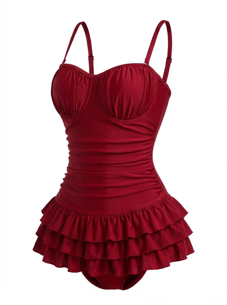 Costumi intero con volant rosso anni '50