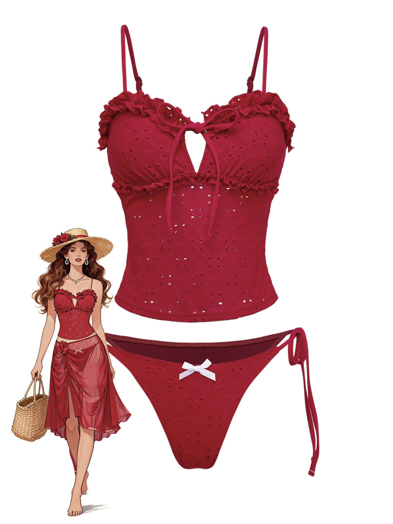Tankini rosso anni '60 con volant e ricami