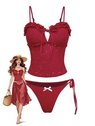 Tankini rosso anni '60 con volant e ricami