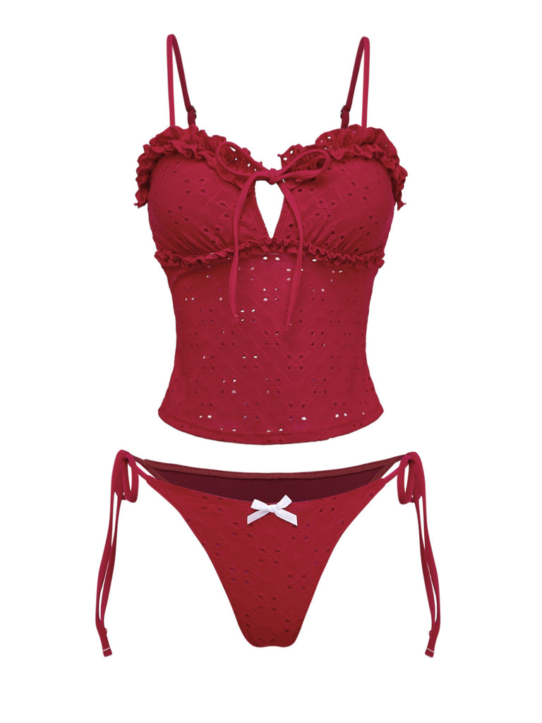 Tankini rosso anni '60 con volant e ricami