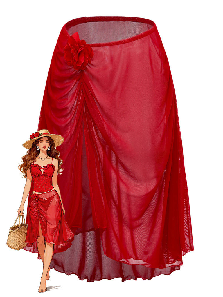 Copricostume rosso anni '60 con floreale 3D a rete