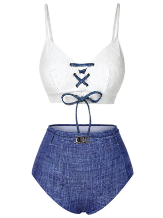 Bikini blu anni '40 effetto denim con spalline sottili