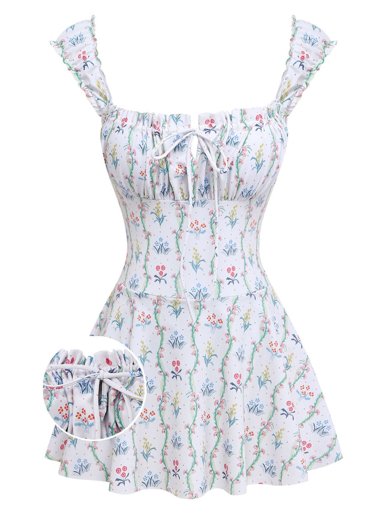 Costumi bianco anni '70 floreale a volant e scollo quadrato