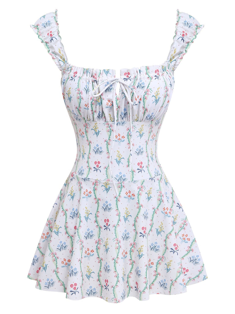 Costumi bianco anni '70 floreale a volant e scollo quadrato