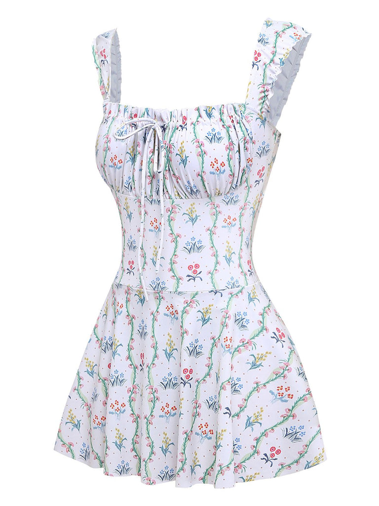 Costumi bianco anni '70 floreale a volant e scollo quadrato