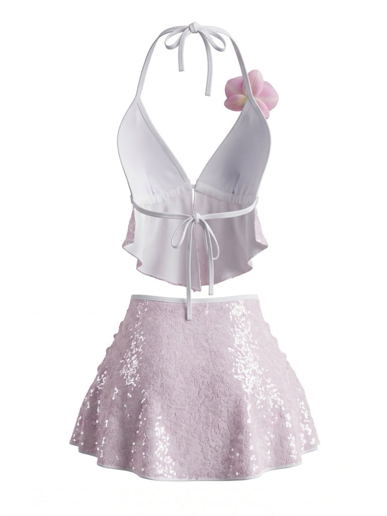 Costume da Bagno Halter con Paillettes 3D Floreale Buckle-Detail Anni '80 3