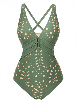 1940s Hollow Out Metal Buckle One-Piece Swimsuit