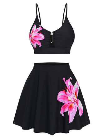 Set Tankini Nero a Fiori con Fibbia in Metallo Anni '40 2