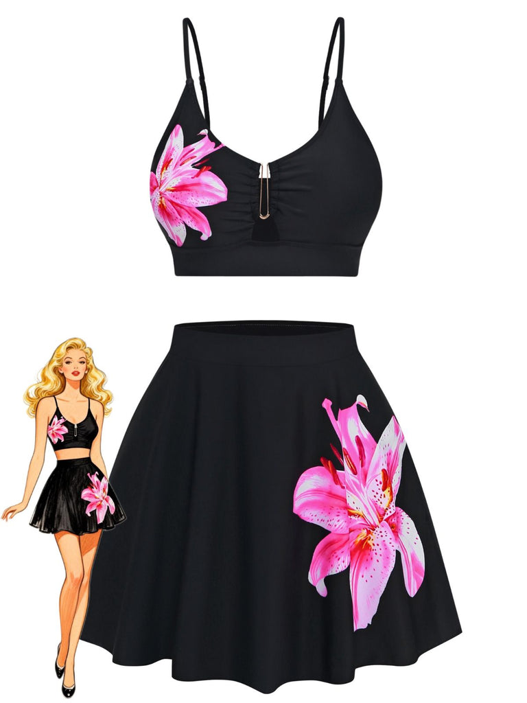 Set Tankini Nero a Fiori con Fibbia in Metallo Anni '40