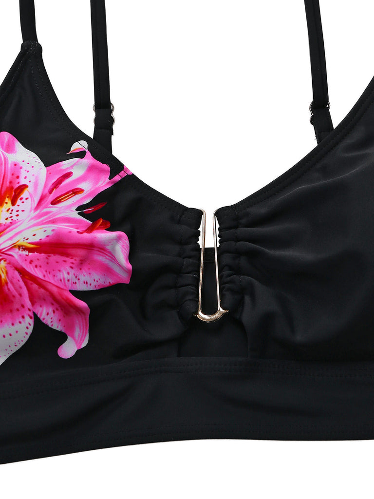Set Tankini Nero a Fiori con Fibbia in Metallo Anni '40 4