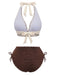 Set bikini beige e marrone anni '50 a costine con scollo all'americana