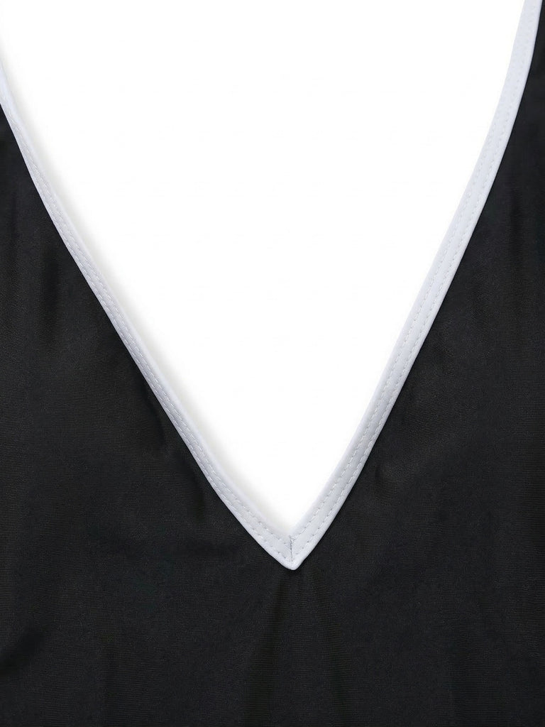 Costumi intero nero anni '40 floreali con scollo all'americana e inserti
