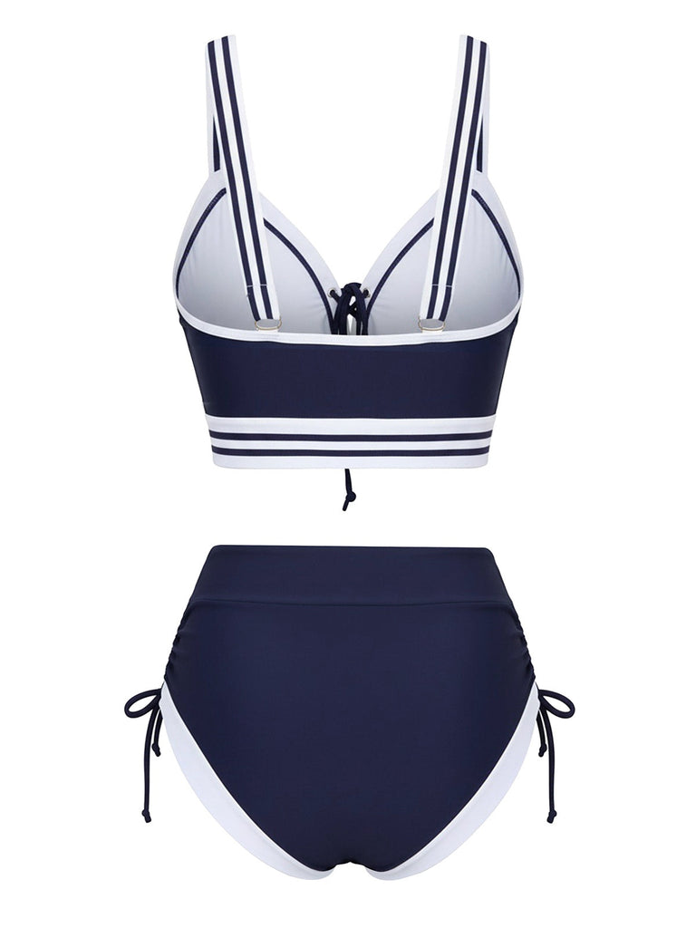 Bikini a righe stile nautico con lacci blu anni '40