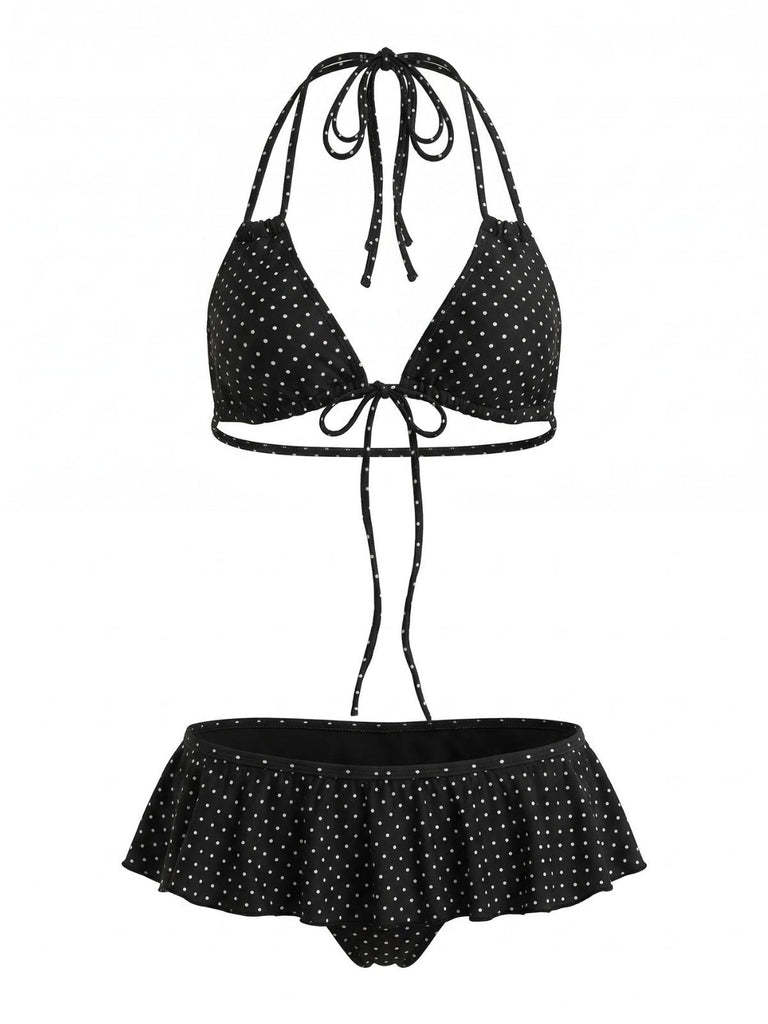Set Bikini Nero con Volant con Allacciatura a Pois Anni '50 2