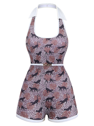 [Pre-Vendita] Costume Intero Marrone Halter Leopardato con Patchwork Anni '50 2