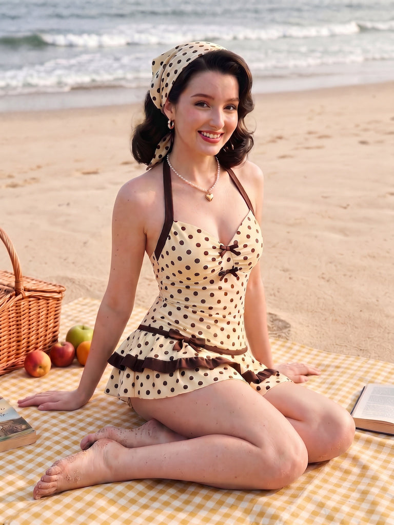 [Prevendita] Costumi intero giallo anni '40 a pois con scollo all'americana
