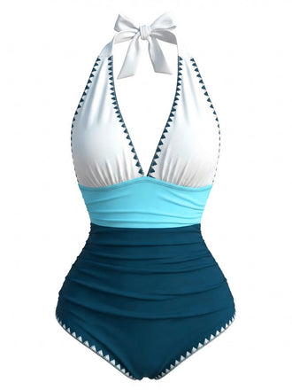 Costume Intero Blu e Bianco con Ricamo a Zigzag Scollo a V Anni '50