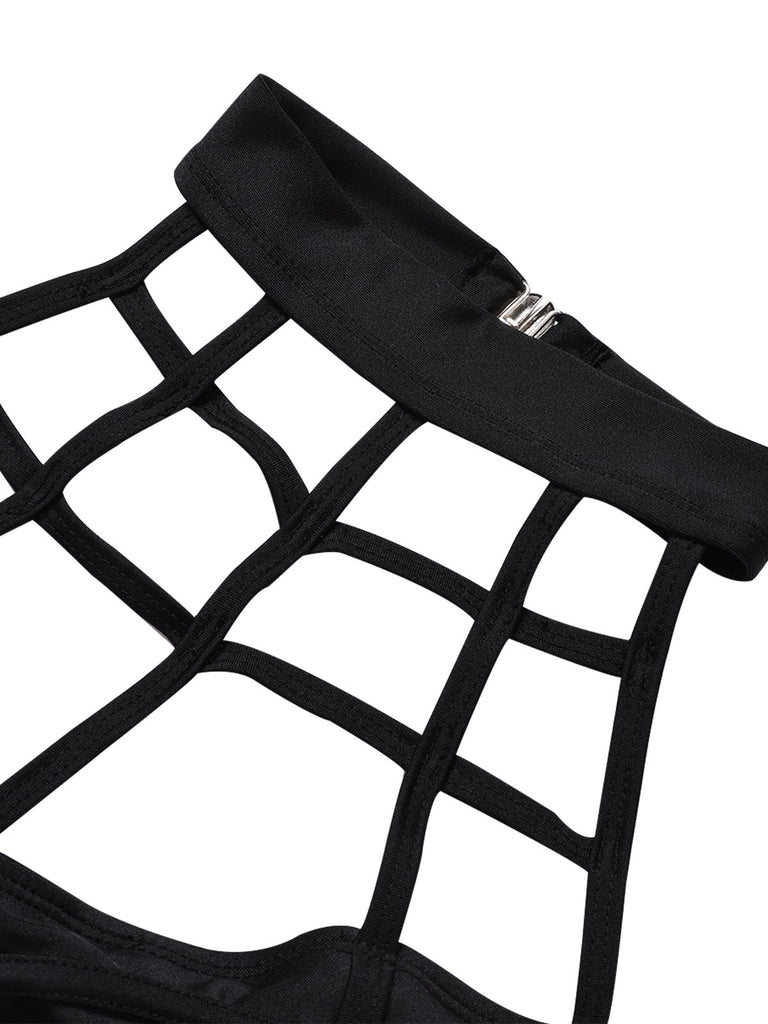 [Prevendita] Costume da Bagno a Gabbia Halter Gotico con Cut-Out - Nero Anni '70 5