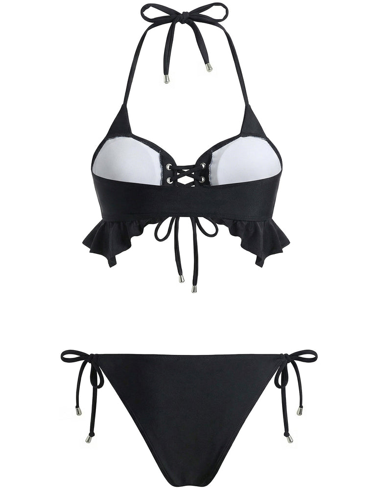 [Pre-Vendita] Set Bikini Nero con Allacciatura Halter e Copricostume a Balze Anni '50 4