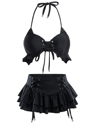 [Pre-Vendita] Set Bikini Nero con Allacciatura Halter e Copricostume a Balze Anni '50